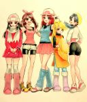  5girls :d black_hair black_wristband blonde_hair blue_(pokemon) blue_eyes blue_shirt boots breasts brown_hair creatures_(company) crystal_(pokemon) dress fang full_body game_freak grey_eyes hair_ornament hair_ribbon happy hat hat_removed headwear_removed holding holding_hat long_hair long_sleeves looking_at_viewer medium_hair minapo multiple_girls nintendo odamaki_sapphire open_mouth pink_dress pink_footwear platinum_berlitz pokemon pokemon_special red_skirt ribbon scarf sepia_background shirt shoes simple_background skirt sleeveless sleeveless_shirt small_breasts smile standing twintails white_hat white_scarf winter_clothes yellow_(pokemon) yellow_eyes 