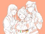  3girls akagi_(kantai_collection) aquila_(kantai_collection) blush breasts capelet celtic_knot closed_eyes closed_mouth collared_shirt commentary_request eyebrows_visible_through_hair fingernails german_flag gloves graf_zeppelin_(kantai_collection) hair_between_eyes hair_ornament hair_tie hairclip hand_on_another&#039;s_shoulder hat heart high_ponytail iron_cross italian_flag jacket japanese_clothes japanese_flag kantai_collection kimono kurozu_(hckr_96) long_hair long_sleeves looking_at_viewer military military_hat monochrome multiple_girls neck_ribbon necktie open_mouth peaked_cap ribbon shirt sidelocks spot_color tasuki twintails upper_body wavy_hair 