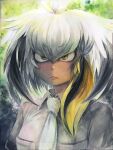  1girl bangs bird bird_wings blonde_hair breast_pocket breasts collared_shirt colored_pencil_(medium) commentary_request feathered_wings grey_hair grey_shirt hair_between_eyes head_wings highres kemono_friends long_hair looking_at_viewer medium_breasts multicolored_hair necktie pocket portrait shirt shoebill shoebill_(kemono_friends) sidelocks solo traditional_media white_neckwear wings yellow_eyes yukiman 