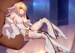  1girl ahoge bathtub belt blonde_hair blurry breasts bridal_veil cleavage depth_of_field detached_collar detached_sleeves fate/grand_order fate_(series) garter_belt highres knee_up langya_beike large_breasts legs nero_claudius_(bride)_(fate) nero_claudius_(fate)_(all) sitting solo stuffed_animal stuffed_toy teddy_bear thigh-highs tile_floor tiles veil white_legwear yellow_eyes 