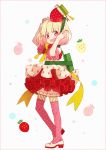  1girl :d arms_up bangs blonde_hair blush eyebrows_visible_through_hair fingernails food food_themed_clothes fruit full_body green_hat hakusai_(tiahszld) hat looking_at_viewer looking_to_the_side nail_polish open_mouth original pink_legwear polka_dot polka_dot_legwear red_eyes red_nails red_skirt shoes skirt smile solo standing strawberry thigh-highs uwabaki white_background white_footwear 