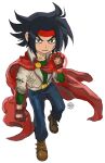  1boy angry black_hair blue_eyes cape clenched_hand cross_scar domon_kasshu fingerless_gloves g_gundam gloves glowing_fist gundam headband highres jacket long_hair male_focus scar scar_on_cheek scar_on_face shiren_(ourboy83) 