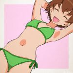  1girl :d akagi_(fmttps) arms_behind_head arms_up bangs bikini brown_hair closed_eyes commentary_request eyebrows_visible_through_hair freckles girls_und_panzer green_bikini navel open_mouth outside_border purple_background short_hair side-tie_bikini smile solo swimsuit tsuchiya_(girls_und_panzer) twitter_username 