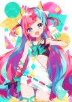  1girl :d bare_shoulders black_gloves blue_eyes blue_hair bow bowtie eyebrows_visible_through_hair gloves green_neckwear hair_ornament highres long_hair looking_at_viewer multicolored_hair open_mouth pink_hair pinky_pop_hepburn pinky_pop_hepburn_official shimogu signature smile two-tone_hair very_long_hair virtual_youtuber x_hair_ornament 