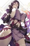  bodysuit breasts fate/grand_order fate_(series) katana large_breasts long_hair looking_at_viewer minamoto_no_raikou_(fate/grand_order) open_mouth purple_hair smoke sword thighs tied_hair toridamono violet_eyes weapon 