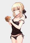  1girl :t alternate_breast_size artoria_pendragon_(all) black_blouse black_panties black_ribbon blonde_hair blouse braid breasts cleavage fate/grand_order fate/stay_night fate_(series) food french_braid grey_background hair_ribbon hamburger highres holding holding_food jewelry leatzche looking_at_viewer medium_breasts necklace off_shoulder panties pendant ribbon saber_alter side-tie_panties sidelocks solo underwear yellow_eyes 