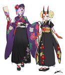  2girls :d absurdres double_bun eyeliner facepaint fate/grand_order fate_(series) floral_print hagoita hair_ornament hair_over_one_eye highres horns ibaraki_douji_(fate/grand_order) japanese_clothes kimono looking_at_viewer makeup mash_kyrielight multiple_girls oni open_mouth paddle purple_hair ram_(ramlabo) sandals sash simple_background sketch smile white_background white_legwear yellow_eyes 