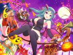  1girl :d bashou_(senran_kagura) belt breasts broom broom_riding candy crop_top demon_horns demon_wings fake_horns fake_wings flower food green_hair hair_flower hair_ornament halloween halloween_costume happy horns jack-o&#039;-lantern large_breasts long_hair looking_at_viewer midriff moon night night_sky official_art open_mouth pumpkin senran_kagura senran_kagura_new_link sky smile solo violet_eyes wings yaegashi_nan 