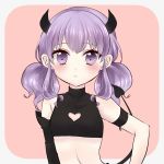  1girl bangs bare_shoulders black_shirt blush brown_background chitosezaka_suzu commentary_request crop_top demon_girl demon_horns demon_tail eyebrows_visible_through_hair grey_background horns long_hair looking_at_viewer original purple_hair shirt sleeveless sleeveless_shirt solo tail tail_raised two-tone_background upper_body violet_eyes 