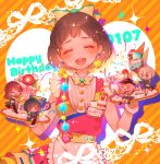5girls :d ^_^ afterglow_(bang_dream!) aoba_moca apron bang_dream! bangs baseball_cap belt black_hat black_jacket bow bowtie brown_hair character_name cherry chino_machiko closed_eyes clothes_around_waist collared_shirt confetti cup dated dress drinking_straw earrings flower food frills fruit grey_hair hair_bow half_updo happy_birthday hat hazawa_tsugumi ice_cream jacket jacket_around_waist jewelry long_hair low_twintails minigirl mitake_ran mug multicolored multicolored_clothes multicolored_dress multicolored_hair multiple_girls name_tag open_mouth paint_stains pinafore_dress pink_hair pom_pom_earrings red_flower redhead shirt short_hair smile sparkle streaked_hair sundae twintails udagawa_tomoe uehara_himari upper_body violet_eyes waist_apron waitress white_shirt yellow_neckwear