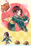  1girl :d animal bangs blush boar brown_footwear brown_hair checkered chinese_zodiac closed_eyes commentary_request eyebrows_visible_through_hair fingernails floral_print flower green_kimono hair_ornament highres japanese_clothes kimono kirizuki_riko leaning_forward long_hair long_sleeves nengajou new_year obi open_mouth original pink_flower print_kimono profile red_eyes sash sleeping smile wide_sleeves year_of_the_pig zouri zzz 