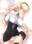  1girl bangs black_legwear black_skirt blonde_hair blouse blush braid breasts casual collared_blouse day eyebrows_visible_through_hair fate_(series) frilled_blouse hair_between_eyes hairband hands_up head_tilt high-waist_skirt highres jeanne_d&#039;arc_(fate)_(all) large_breasts long_hair long_sleeves looking_at_viewer neck_ribbon outdoors panties ribbon side-tie_panties single_braid skindentation skirt smile solo thigh-highs underwear untsue very_long_hair white_blouse white_panties wind wind_lift 