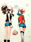  2girls ? baseball_cap black_vest blue_hair blue_shorts breasts brown_hair creatures_(company) crystal_(pokemon) earrings feet_out_of_frame game_freak hat hat_ribbon highres jewelry minapo multiple_girls nintendo overalls pecha_berry pocket pokemon pokemon_special red_ribbon ribbon shirt short_shorts shorts sidelocks simple_background small_breasts speech_bubble star star_earrings starry_background sweatdrop thigh-highs twintails vest white_(pokemon) white_background white_hat white_shirt worried 
