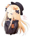  1girl abigail_williams_(fate/grand_order) bangs black_bow black_dress black_hat blonde_hair blue_eyes bow commentary_request cropped_torso dated dress eyebrows_visible_through_hair fate/grand_order fate_(series) forehead hair_bow half-closed_eyes hands_up hat highres kiyu_(queue) long_hair long_sleeves object_hug orange_bow parted_bangs parted_lips polka_dot polka_dot_bow signature sketch sleeves_past_fingers sleeves_past_wrists solo stuffed_animal stuffed_toy teddy_bear upper_body very_long_hair 