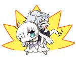  1boy 1girl =_= anastasia_(fate/grand_order) back-to-back blue_eyes chan_co chibi closed_mouth commentary_request dress fate/grand_order fate_(series) hair_over_one_eye kadoc_zemlupus looking_at_viewer one_eye_covered open_mouth sharp_teeth smile standing sweatdrop teeth white_dress 