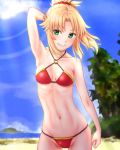  1girl arm_behind_head bikini blonde_hair blue_sky blurry blurry_background braid breasts collarbone commentary_request cowboy_shot day fate/apocrypha fate_(series) french_braid green_eyes hair_ornament hair_scrunchie jimi_sakita looking_at_viewer medium_breasts mordred_(fate) mordred_(fate)_(all) navel outdoors ponytail red_bikini red_scrunchie scrunchie short_hair sidelocks skindentation sky smile solo standing string_bikini swimsuit wind 