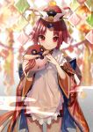  1girl animal apron bangs benienma_(fate/grand_order) bird black_shorts blurry blurry_background blush brown_hair brown_kimono closed_mouth commentary_request cowboy_shot depth_of_field eyebrows_visible_through_hair fate/grand_order fate_(series) hat holding holding_animal itamidome japanese_clothes kimono long_hair long_sleeves low_ponytail parted_bangs ponytail red_eyes red_hat short_shorts shorts smile solo standing twitter_username very_long_hair white_apron wide_sleeves 