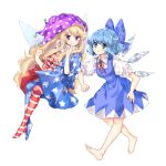  2girls american_flag_dress american_flag_legwear barefoot blonde_hair blue_bow blue_dress blue_eyes blue_hair blue_legwear blush bow breasts cheunes cirno clenched_hand clownpiece commentary dress fairy_wings floating full_body hair_bow hands_up hat highres ice ice_wings jester_cap long_hair looking_at_viewer medium_breasts mob_cap multiple_girls neck_ribbon neck_ruff no_shoes pantyhose pinafore_dress polka_dot polka_dot_hat puffy_short_sleeves puffy_sleeves purple_hat red_dress red_legwear red_neckwear red_ribbon ribbon shirt short_hair short_sleeves simple_background smile star star_print striped striped_dress striped_legwear symbol_commentary touhou very_long_hair violet_eyes white_background white_dress white_legwear white_shirt wings 