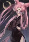  1girl bakgae bangs bishoujo_senshi_sailor_moon black_dress black_sky breasts character_request commentary_request crescent_moon dress eclipse hand_up highres holding holding_hair korean_commentary long_hair looking_at_viewer medium_breasts moon night night_sky parted_bangs pink_hair sky solar_eclipse solo star_(sky) starry_sky very_long_hair 