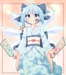  (9) +_+ 1girl ahoge alternate_costume blue_bow blue_eyes blue_hair blue_kimono bow cirno commentary_request do_(4-rt) eyebrows_visible_through_hair eyes_visible_through_hair facial_mark fang fang_out hair_bow highres ice ice_wings japanese_clothes kimono looking_at_viewer obi paddle pig print_kimono sash short_hair smile snowflake_print solo sparkle touhou translated v-shaped_eyebrows wide_sleeves wings 