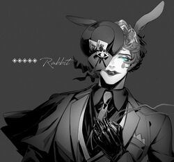  1boy animal_ears aqua_eyes business_suit collared_shirt formal gloves greyscale hand_up hat highres jacket joe_rikiichi male_focus mini_hat mini_top_hat monochrome necktie nijisanji one_eye_covered pocket_watch rabbit_ears sazanamiryo shirt short_hair solo spot_color suit top_hat upper_body virtual_youtuber watch 