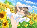  1girl blush breasts brown_eyes brown_hair bun_cover day double_bun dress earrings flower hat jewelry large_breasts long_hair official_art open_mouth renka_(senran_kagura) senran_kagura senran_kagura_new_link solo standing strap_slip sun_hat sundress sunflower white_dress white_hat wind yaegashi_nan 