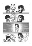  3girls 4koma :3 ^_^ alternate_costume animal_ears capelet chibi closed_eyes closed_eyes closed_mouth coat comic emphasis_lines extra_ears gloves greyscale highres hippopotamus_(kemono_friends) hippopotamus_ears holding holding_clothes jacket kaban_(kemono_friends) kemono_friends kotobuki_(tiny_life) long_sleeves looking_at_another merry_christmas monochrome multiple_girls pants scarf serval_(kemono_friends) serval_ears serval_print serval_tail shirt sidelocks smile standing tail 