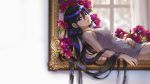  1girl aesice bangs black_hair blue_eyes breasts commentary_request curtains dress flower hair_between_eyes hand_on_own_stomach highres long_hair looking_at_viewer lying on_back open_mouth original picture_frame short_dress sleeveless small_breasts smile solo window 