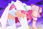  1girl all_fours clouds cure_yell flower from_behind hair_flower hair_ornament haruyama_kazunori hugtto!_precure long_hair magical_girl night night_sky nono_hana pink_hair pom_poms precure sky solo thigh-highs white_legwear 