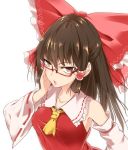  1girl adjusting_eyewear ascot bangs bespectacled bow breasts brown_eyes brown_hair detached_sleeves eyebrows_visible_through_hair glasses hair_bow hair_tubes hakurei_reimu huge_bow lips long_hair medium_breasts parted_lips red-framed_eyewear red_bow ribbon-trimmed_sleeves ribbon_trim sidelocks simple_background solo takashi_(harukasaigusa) touhou underwear white_background wide_sleeves yellow_neckwear 