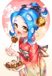  1girl :o back_bow black_bow blonde_hair blue_hair blush bow cowboy_shot eating flower food forehead from_below hair_bow hair_flower hair_ornament hair_stick highres holding holding_food japanese_clothes kimono leaning_forward long_hair long_sleeves looking_at_viewer looking_up obi octoling open_mouth ponytail print_kimono red_kimono sash shiny shiny_hair solo splatoon_(series) tareme teeth tentacle_hair wide_sleeves yamagishi_chihiro 