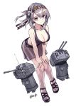  1girl air_qh artist_name bangs bare_shoulders bikini black_bikini black_headband breasts chou-10cm-hou-chan_(suzutsuki&#039;s) cleavage closed_mouth clothes_writing collarbone full_body grey_eyes hachimaki hair_between_eyes hair_flaps hands_on_own_knees headband highres kantai_collection large_breasts looking_at_viewer machinery one_side_up sandals see-through short_hair silver_hair simple_background smile solo suzutsuki_(kantai_collection) swimsuit white_background 