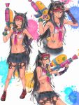 1girl black_hair blush breasts dangan_ronpa fingerless_gloves full_body gloves goggles goggles_around_neck goggles_on_head highres jewelry long_hair looking_at_viewer mioda_69ch mioda_ibuki multicolored_hair multiple_views navel one_eye_closed paint piercing pink_eyes pink_hair pleated_skirt ring scrunchie shorts single_fingerless_glove skirt small_breasts smile super_dangan_ronpa_2 tongue tongue_out torn_clothes torn_shorts very_long_hair water_gun white_hair wrist_scrunchie 