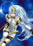  1girl android blue_hair breasts chokokurimo commentary cyborg english_commentary forehead_protector gloves kos-mos long_hair lowres red_eyes solo thigh-highs very_long_hair xenosaga 
