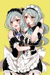  2girls :d apron aqua_hair aqua_neckwear back_bow bang_dream! bangs blue_neckwear blush bow breasts center_frills chino_machiko cleavage commentary_request cowboy_shot detached_collar detached_sleeves dress fangs garter_straps green_eyes hair_bow hand_in_hair hikawa_hina hikawa_sayo hug long_hair maid maid_headdress mouth_hold multiple_girls neck_ribbon open_mouth red_bow red_ribbon ribbon ribbon_in_mouth short_hair short_sleeves siblings side_braids simple_background sisters smile striped sweatdrop twins waist_apron white_apron wrist_cuffs yellow_background 