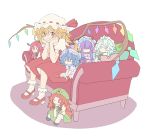  1girl ahoge ascot banana_takemura bangs black_bow blonde_hair blue_eyes blue_hair blunt_bangs bobby_socks bow braid character_doll couch crescent crescent_moon_pin flandre_scarlet flat_color full_body green_bow green_hat grin hair_between_eyes hair_bow hair_over_eyes hands_up hat hat_ribbon head_rest head_wings high_heels highres hong_meiling izayoi_sakuya koakuma looking_at_viewer mob_cap necktie patchouli_knowledge pointy_ears puffy_short_sleeves puffy_sleeves purple_hair red_eyes red_footwear red_neckwear red_ribbon red_skirt red_vest redhead remilia_scarlet ribbon shirt shoes short_sleeves sitting skirt skirt_set smile socks solo touhou twin_braids v_arms vest white_legwear white_shirt wings yellow_neckwear 