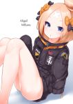  1girl :o abigail_williams_(fate/grand_order) bangs belt black_bow black_jacket blonde_hair blue_eyes blush bow commentary_request crossed_bandaids fate/grand_order fate_(series) forehead hair_bow hair_bun heroic_spirit_traveling_outfit highres jacket kirisame_mia long_sleeves looking_at_viewer no_panties orange_belt orange_bow parted_bangs polka_dot polka_dot_bow sitting sleeves_past_fingers sleeves_past_wrists solo 