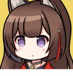  1girl amagi_(azur_lane) animal_ear_fluff animal_ears azur_lane bangs blush_stickers brown_hair choker closed_mouth collarbone grey_choker long_hair looking_at_viewer nagato-chan portrait simple_background solo violet_eyes yellow_background 