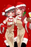  2girls :d apron arm_around_shoulder arm_around_waist bang_dream! bangs black_hair blush bow brown_apron chino_machiko christmas creamer_(vessel) cup dress earrings fang fur-trimmed_dress gloves green_eyes green_ribbon hair_over_shoulder hair_ribbon hat heart holding holding_tray jewelry long_hair looking_at_viewer mitake_ran multicolored_hair multiple_girls open_mouth pom_pom_(clothes) ponytail red_bow red_dress red_gloves redhead ribbon santa_costume santa_hat saucer short_hair sleeveless sleeveless_dress smile snowing strap_slip streaked_hair sweatdrop teacup towel tray udagawa_tomoe violet_eyes waitress 