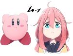 1girl 1other ahoge aqua_eyes bangs beige_serafuku blue_eyes blush bow eyebrows_visible_through_hair hair_between_eyes hair_bow hair_intakes highres kagamihara_nadeshiko kirby kirby_(series) long_bangs long_hair neckerchief pink_hair puffy_cheeks school_uniform serafuku shiny shiny_hair shiny_skin short_eyebrows simple_background sketch syumashi white_background white_bow yurucamp