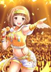  1girl :d arm_warmers armpits badge bangs belt belt_buckle blunt_bangs blurry blurry_background blush bracelet breasts brown_eyes brown_hair buckle button_badge choker commentary_request cowboy_shot crowd depth_of_field drawstring eyebrows_visible_through_hair glowstick hair_ornament hairclip holding holding_microphone hooded_vest idolmaster idolmaster_cinderella_girls idolmaster_cinderella_girls_starlight_stage jewelry kitami_yuzu looking_at_viewer medium_breasts microphone navel open_mouth orange_choker orange_vest outstretched_arm partially_unzipped polka_dot polka_dot_vest ram_hachimin short_hair shorts smile solo_focus stage suspender_shorts suspenders sweat sweatband tareme visor_cap white_shorts zipper 