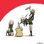  3girls blonde_hair carrying clara_(girls_und_panzer) girls_und_panzer green_jacket jacket katyusha kogane_(staygold) long_hair lowres mallet mochi multiple_girls nonna open_mouth pravda_school_uniform red_shirt school_uniform shirt short_hair shoulder_carry skirt 