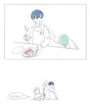  3others alternate_costume androgynous apron aqua_hair bacon bangs blue_eyes blue_hair blunt_bangs comic contemporary cooking feeding food green_hair houseki_no_kuni korean multiple_others multiple_persona mydeerwitch phosphophyllite phosphophyllite_(ll) short_hair spoilers sunny_side_up_egg 
