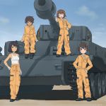 4girls :d akagi_(fmttps) arm_support bangs black_footwear blue_eyes blue_sky brown_eyes brown_hair closed_eyes closed_mouth clothes_around_waist clouds cloudy_sky commentary_request dark_skin day emblem eyebrows_visible_through_hair freckles girls_und_panzer gloves green_eyes ground_vehicle hand_on_hip hands_on_hips hoshino_(girls_und_panzer) jumpsuit leopon_(animal) light_smile long_sleeves looking_at_viewer mechanic military military_vehicle motor_vehicle multiple_girls nakajima_(girls_und_panzer) open_mouth orange_jumpsuit shadow shirt shoes short_hair sitting sky smile standing suzuki_(girls_und_panzer) tank tank_top tied_shirt tiger_(p) tsuchiya_(girls_und_panzer) twitter_username uniform white_gloves white_shirt 