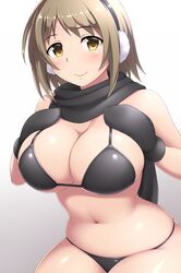  1girl bangs bikini black_bikini black_mittens black_scarf blush breast_suppress breasts brown_eyes brown_hair cleavage closed_mouth commentary_request curvy earmuffs eyebrows_visible_through_hair half-closed_eyes hands_up highres idolmaster large_breasts light_brown_eyes light_brown_hair looking_at_viewer medium_hair mimura_kanako mittens narrow_waist navel pataniito plump scarf skindentation smile solo string_bikini swimsuit under_boob 