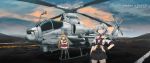  2girls aircraft arm_warmers bangs black_gloves black_legwear blonde_hair clouds commentary crossed_arms english_commentary girls_frontline gloves headband helicopter highres holster holstered_weapon long_hair m9_(girls_frontline) multiple_girls necktie pantyhose persocon93 road short_hair silver_hair sky sleeveless vector_(girls_frontline) 