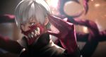  1boy 55level alternate_headwear black_jacket blurry blurry_background commentary_request face from_side grey_eyes hair_between_eyes hands heterochromia highres jacket kagune_(tokyo_ghoul) kaneki_ken looking_to_the_side male_focus mask out_of_frame red_eyes sharp_teeth short_hair solo teeth tokyo_ghoul v white_hair 