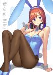  1girl 3: animal_ears arm_support ass bangs bare_shoulders black_legwear blue_bow blue_eyes blue_footwear blue_leotard bow breasts bunny_girl bunny_tail bunnysuit character_name cleavage closed_mouth collarbone commentary crossed_ankles detached_collar fake_animal_ears fake_tail frown go-toubun_no_hanayome head_tilt headphones headphones_around_neck high_heels knees_up leotard long_hair medium_breasts nakano_miku orange_hair pantyhose polka_dot polka_dot_background rabbit_ears revision saiste sitting solo strapless strapless_leotard swept_bangs tail wrist_cuffs 