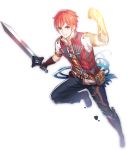  1boy adol_christin bangs belt belt_pouch black_pants blue_neckwear blue_ribbon boots brown_footwear brown_gloves closed_mouth feathers full_body gauntlets gloves hand_up holding holding_sword holding_weapon leg_up looking_at_viewer male_focus neck_ribbon orange_hair outstretched_arm pants pouch red_eyes red_vest ribbon ririko_(zhuoyandesailaer) shirt short_hair short_sleeves sidelocks solo sword v-shaped_eyebrows vest weapon white_shirt wing_collar ys ys_viii_lacrimosa_of_dana 
