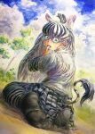  1girl animal_ears animal_print bangs black-framed_eyewear black_hair black_legwear blue_sky clouds colored_pencil_(medium) commentary_request dutch_angle feet full_body glasses grey_shirt highres kemono_friends layered_sleeves long_hair long_sleeves looking_at_viewer looking_back multicolored_hair no_shoes open_mouth outdoors plains_zebra_(kemono_friends) print_skirt round_eyewear shirt short_over_long_sleeves short_sleeves sitting skirt sky socks solo tail traditional_media tree two-tone_hair wariza white_hair yukiman zebra_ears zebra_print zebra_tail 
